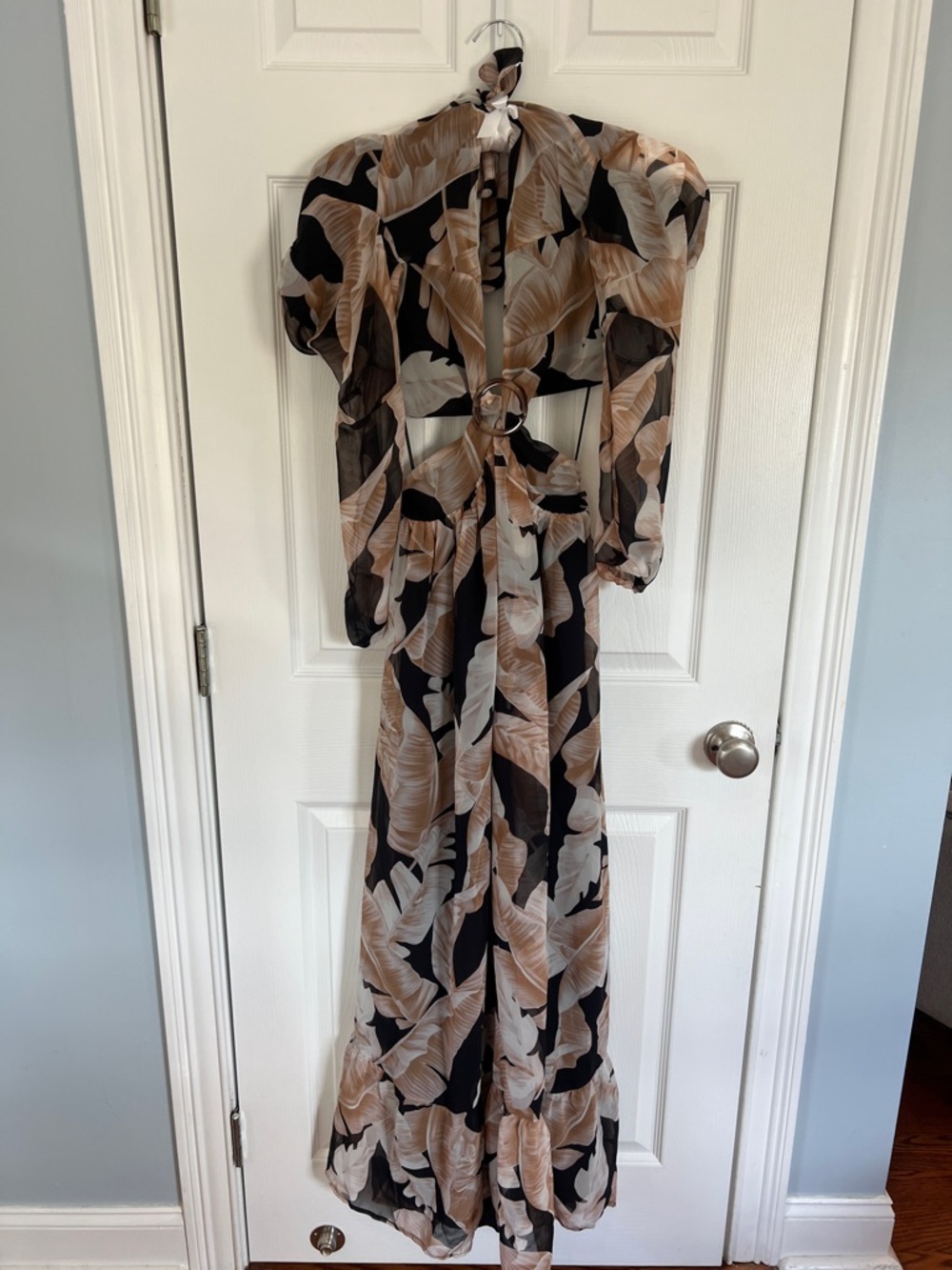 Black and Beige Leaf-Print Maxi Dress with Ring Detail